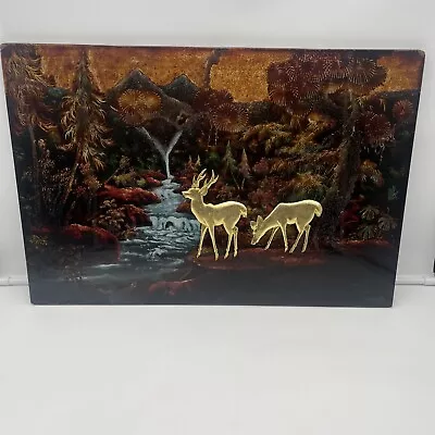 Vietnamese Wood Lacquer Painting Gold 3D Deer In Landscape 23-1/2in X 16in • $69.99