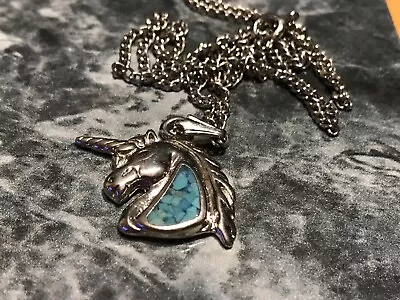 Vintage Necklace Jewelry 18  Silver Tone Chain & 1  Unicorn Pendant W/Turquoise • $15