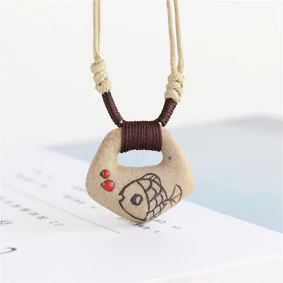 Necklace Pendant Clay Fish Ceramic Fashion Ethnic Jewelry Handmade Adjustable • $7.95