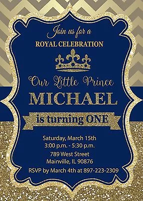 Prince Royal King Blue Gold First Birthday One Birthday Party Invitation • $90