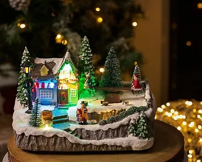 Christmas Village LED Ornament Light Up Scene Musical Snow Moving Decoration • £25.99