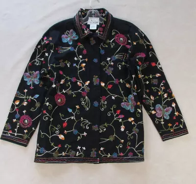 Quaker Factory Jacket Women Small Blue Floral Embroidery Beaded Casual • $50