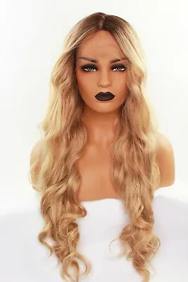 Blonde Wig Lace Frontal Wig W/ Dark Brown Roots Lydia 24 Inches Long Synthetic  • £49.99