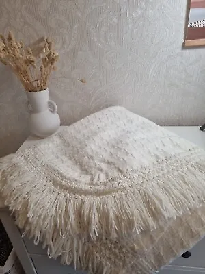 Vintage Cream Wool Knitted Blanket Throw Large Afghan Fringed • £39.99