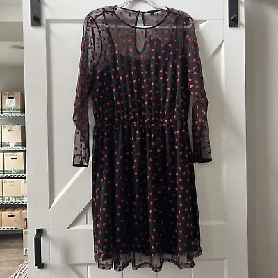 New ModCloth Womens Sheer Heart Midi Dress Size 1X Long Sleeve Black Red • $24