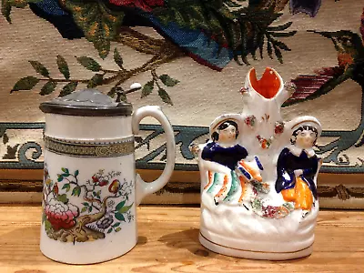 Decorative Antique Victorian Ceramic Pewter Lidded Jug & Flatback Ornament • £4.99
