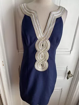 Lilly Pulitzer  Blue Sheath Dress With Large Gold & Ivory Circles In Front-size6 • $44.99