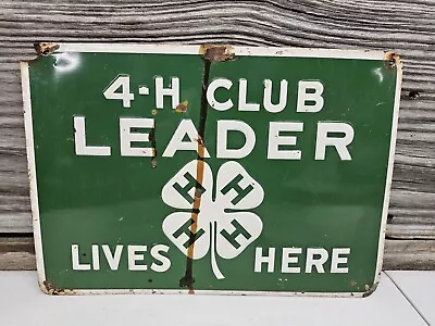 Vintage 1960s 4-H Club Leader Lives Here Embossed Metal Sign Good Rustic Farm • $69