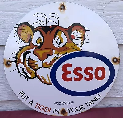Vintage 1957 Dated Esso Gasoline Put A Tiger In Your Tank Gas Oil Porcelain Sign • $29.99