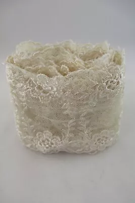 Vintage Ecru Lace Trim 3.4 Yards 3.75  Wide Floral Sheer-Tulle Scalloped 70s-80s • $22.45