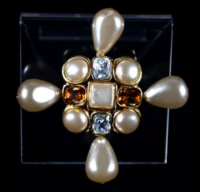 CHANEL Season 26 Vintage Pearl & Multi Crystal MALTESE CROSS Brooch Pin • $898