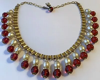 Vintage Early Miriam Haskell Red Glass & Baroque Pearl Bead Fringed Necklace • $225