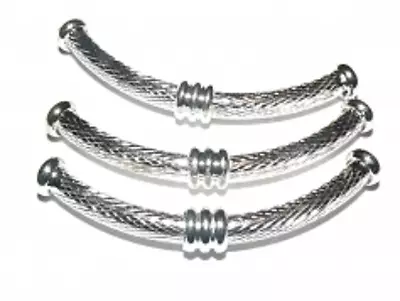 Large Heavy Patterned Curved Metal Noodle Tube Bead 46mm - Silver - Pack Of 2 • £1