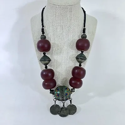 Gorgeous Enameled Berber Necklace Amber & Silver Traditional Style 12  MOROCCO • $150