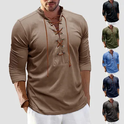 Men V-Neck Henley Pullover Shirts Tops Long Sleeve Lace Up Casual Muscle T-Shirt • £15.89