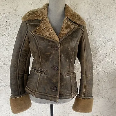 Ugg Alpine Distressed Brown Leather Shearling Aviator Bomber Jacket Size M Women • $509.99