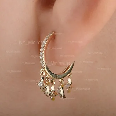 Moon & Star Charms Huggie Hoop Earrings Solid 14K Yellow Gold Diamond Earrings • $663.09