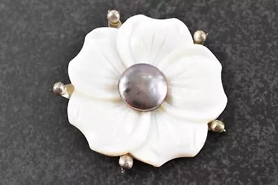 Fancy Carved Mother Of Pearl And Freshwater Pearl Brooch W/ Sterling Silver Back • $48