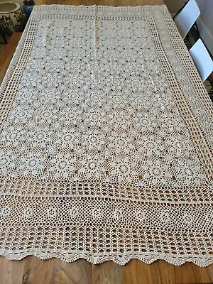 $72 • Buy Vintage Hand Crocheted Tablecloth Table Bedspread Ecru Floral Beige Work Cover