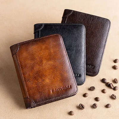 Genuine Leather Men Bifold/Trifold Wallet RFID Blocking Credit Card Holder Retro • $18.99