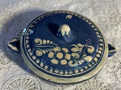 Vtg. Artesanal Mexican Red Clay Bowl With Lid Hand Painted Blue& White Pottery • $15