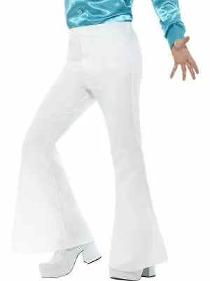 Mens 1960s 1970s Flares Adult Disco Flared Trousers Hippie Fancy Dress White • £13.43