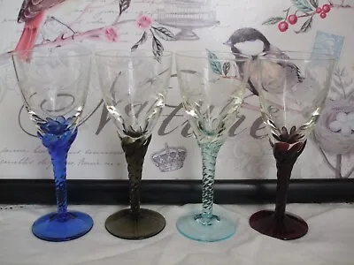 Vintage Etched Glasses With Coloured Twisted Stems X 4 • £10