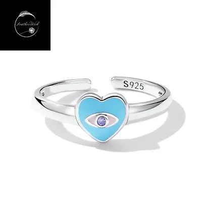 Genuine Sterling Silver 925 Lucky Evil Eye Heart Adjustable Ring With Enamel CZ • £15.99