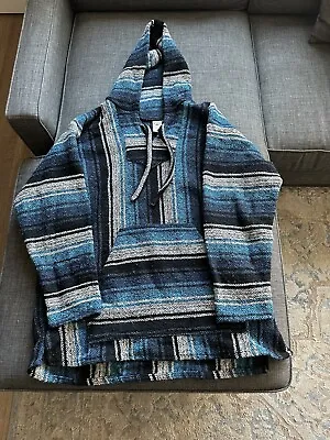 Vintage DelMex Mexican Mens Pancho Jacket  XXL (Fits Like Xl) Blue And White • $20