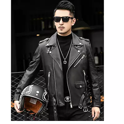 Men's Black Stylish Biker Motorcycle Leather Zipper Jacket • $140.64