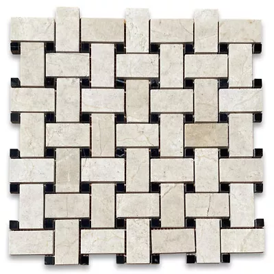 M651XP Crema Marfil Marble 1x2 Basketweave Mosaic Tile Black Dots Polished • £20.26