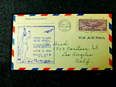 Vintage 1931  Air Mail Envelope FIRST FLIGHT AIR MAIL MANDAN NORTH DAKOTA • $12.95