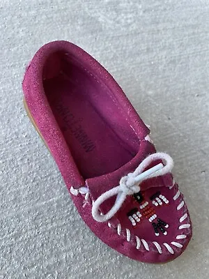 Minnetonka Moccasins Kids Slippers Toddler Sz  10 Red Leather Loafer Flats Beads • £13.87