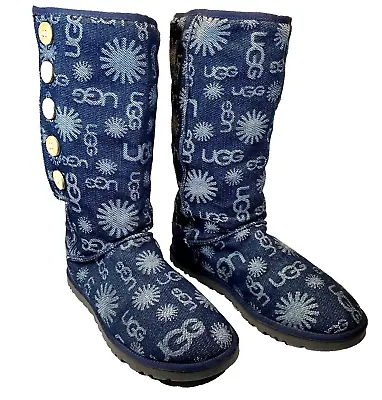 UGG Blue Denim Woman's Size 7 Mid-Calf Boots - Wood Button Up Jacquard Logo • $59