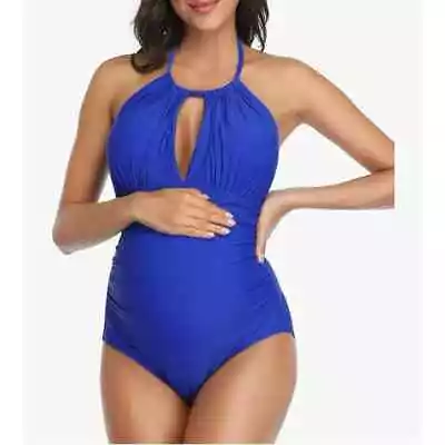 EastElegant Blue Maternity One Piece V-Neck Halter Swimsuit Women Size S • $12