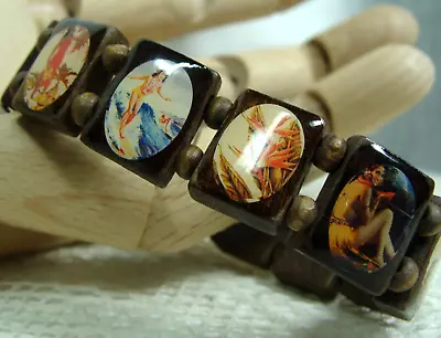 Vtg Hawaiian Wood Tiki Surf King Woman Native Beach Panel Scene Hawaii Bracelet • $95