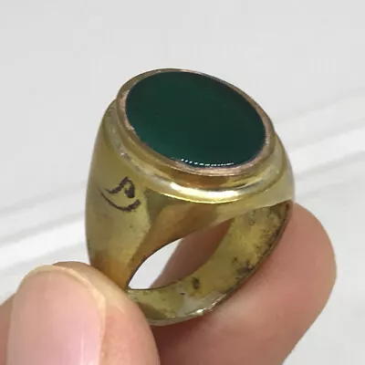 Pinky Biker Brass Men's Ring Vintage Gold Color Oval Green Agate Stone SZ 8.25 • $18