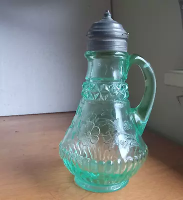 1880s RARE APPLE GREEN VASELINE GLASS ADAMS NO.140 WILDFLOWER EAPG SYRUP PITCHER • $190