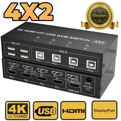 4 Port HDMI DisplayPort DP USB KVM Switch 4X2 Dual Monitor 4K 60Hz KVM Switcher  • $124.29