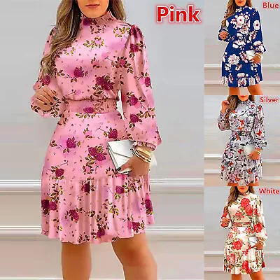 Women Casual Floral Short Dress Lady Turtleneck Long Sleeve Ruffle Swing Dresses • $22.75