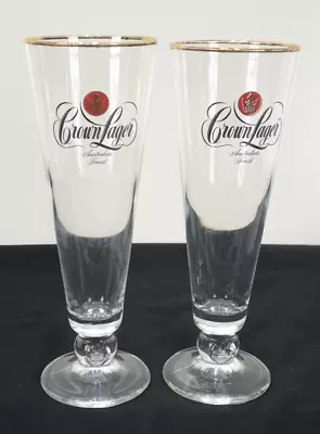 2x Crown Lager Tall Stem Beer Glasses Australia Finest Gold Rim 21cm 300ml Glass • $18.95
