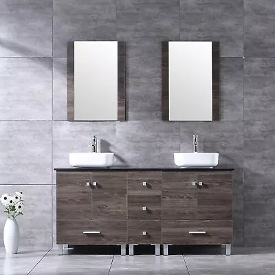 60  Bathroom Vanity Double Sink Cabinet Brown Wood Cabinet W/Faucet Drain Set • $879.99