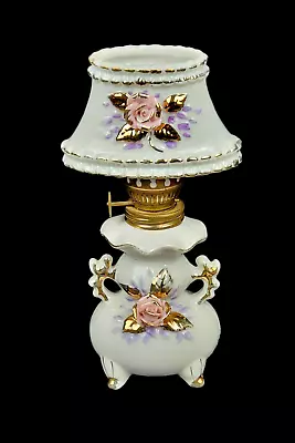 Vintage White Porcelain Gold Trim Pink Rose Oil Kerosene Lamp 8  • $11.21