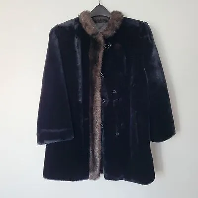VINTAGE 70s Luxurious Faux Mink Fur Coat Hillmoor Silk Lining Black Brown XL • $185