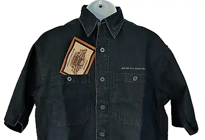 Harley Davidson SS Shirt Denim Dark Blue Embroidered Button Down Chest44 Mens S • $39.37