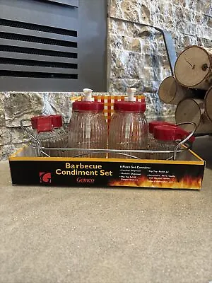 Vintage Gemco Barbeque Glass Condiment Set Server Ketchup Mustard Bottle NEW • $40