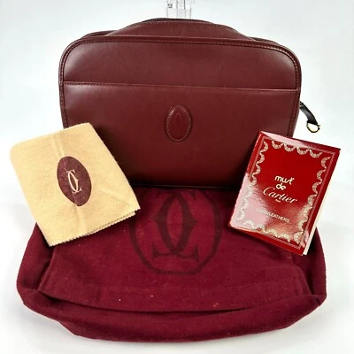 $129 • Buy CARTIER Logo Clutch Pouch Bag Leather Bordeaux Gold Authentic JAPAN A02027