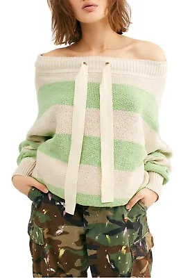 $44.99 • Buy NWT Free People Cassidy Off Shoulder Sweater Striped Wild Green Combo S $148
