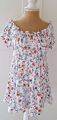 Ladies Ivory Floral Bardot Shirred Long Blouse Top By Linea Tesini Size 16 NEW • £11.19