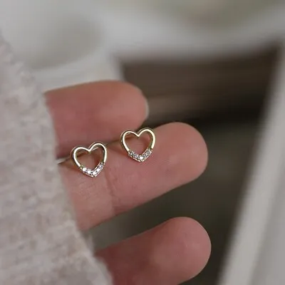 Shiny Gold Plated Cute Open Heart CZ Stud Earrings Women Girl Jewellery Gift UK • £3.29